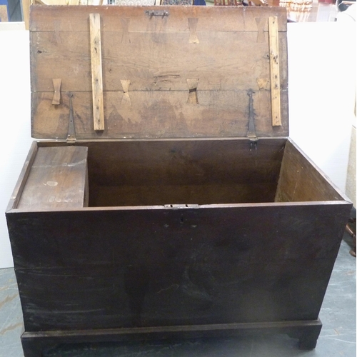 119 - Victorian stained pine mule-type chest enclosing a candle box, with iron locks and brackets, on brac... 