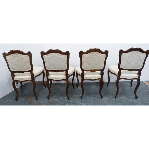 128 - Set of four French-style parlour chairs, upholstered in later cream floral stuff-over fabric, on sab... 