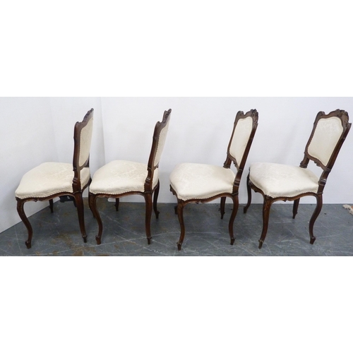 128 - Set of four French-style parlour chairs, upholstered in later cream floral stuff-over fabric, on sab... 