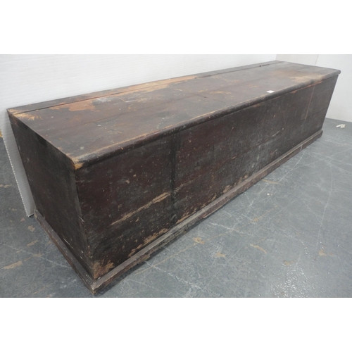 129 - Victorian farmhouse pine storage box with hinged cover, 50cm high, 194cm wide and 50cm deep.