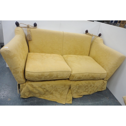 130 - Knole-style sofa upholstered in gold floral fabric, with ties and cushions, 91cm high and 181cm wide... 