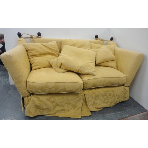 130 - Knole-style sofa upholstered in gold floral fabric, with ties and cushions, 91cm high and 181cm wide... 