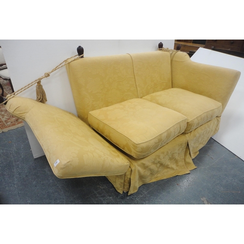 130 - Knole-style sofa upholstered in gold floral fabric, with ties and cushions, 91cm high and 181cm wide... 