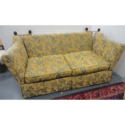 131 - Knole-style sofa upholstered in gold-coloured fabric decorated with leaves, with ties and cushions, ... 