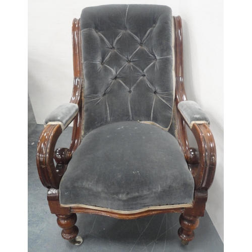 135 - Victorian mahogany-framed button-back open armchair, upholstered in later pale blue Dralon, open scr... 