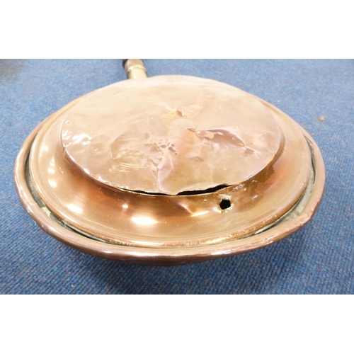 30 - Three copper and brass bed warming pans, all with turned wooden handles.