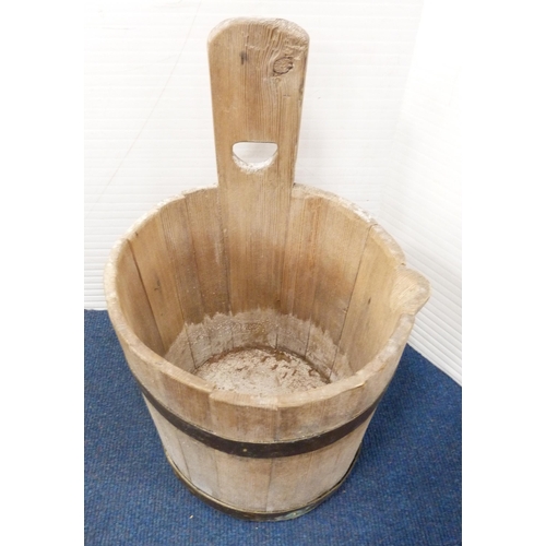 32 - Antique coopered and wood-bound fruit press, pine and metal-bound bucket and another pail.  (3)