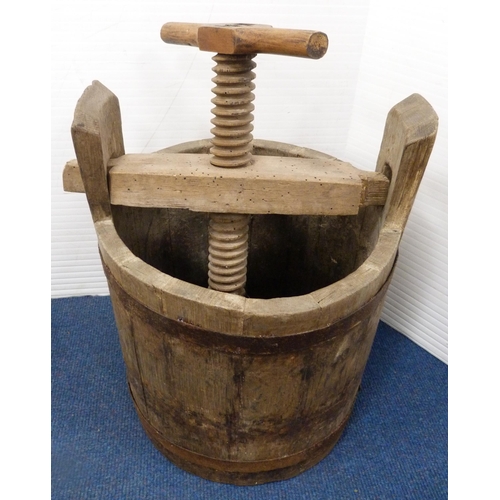 32 - Antique coopered and wood-bound fruit press, pine and metal-bound bucket and another pail.  (3)