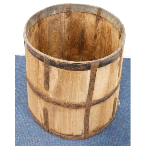 32 - Antique coopered and wood-bound fruit press, pine and metal-bound bucket and another pail.  (3)