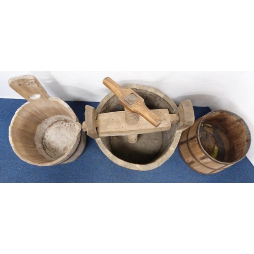 32 - Antique coopered and wood-bound fruit press, pine and metal-bound bucket and another pail.  (3)