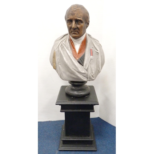 33 - Painted plaster bust modelled as the Duke of Wellington in uniform, on ebonised socle base and eboni... 