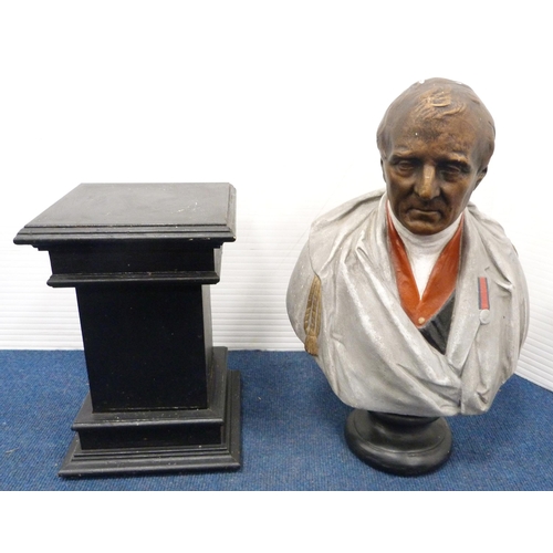 33 - Painted plaster bust modelled as the Duke of Wellington in uniform, on ebonised socle base and eboni... 