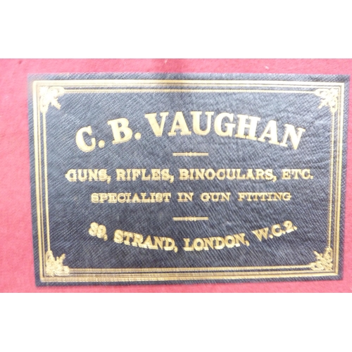 34 - Gun case with fitted interior, label for 'CB Vaughan, 39 Strand, London', interior 18.5cm x 78.5cm.