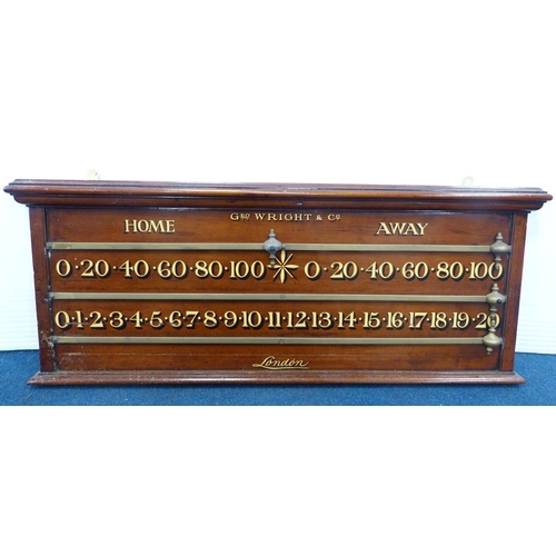 36 - Mahogany billiards scoreboard by George Wright & Co., London, with brass markers and rails, gilt... 