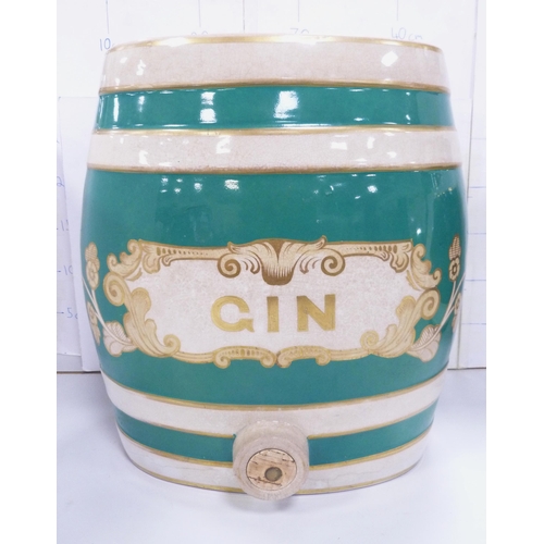 38 - 19th century ceramic spirits barrel, 'Gin', probably Staffordshire, painted in green, gold and white... 