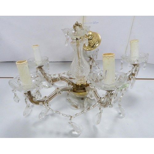 39 - Venetian-style five-branch ceiling light with glass pear-shaped drops and glass pans, wrought iron c... 