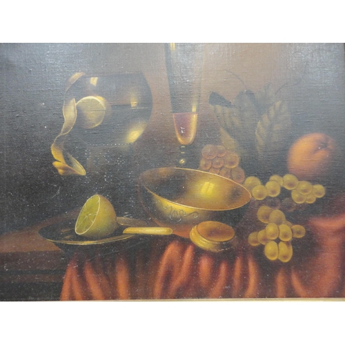 57 - Oleograph on canvas depicting figures at a pond, in gilt frame, a still life oleograph in a giltwood... 