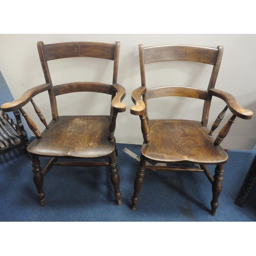 74 - Pair of ash and beech farmhouse oak elbow chairs, 94cm high.  (2)