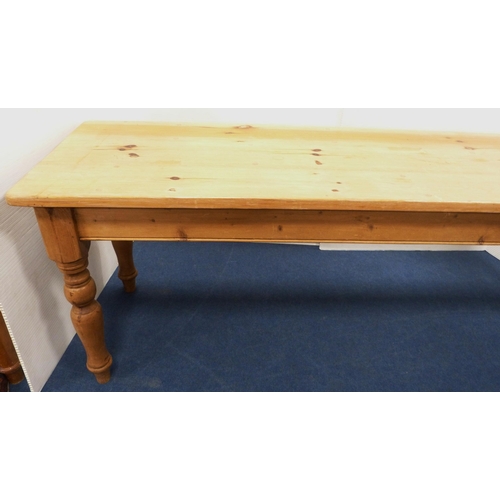 98 - Pine refectory-type dining table on turned supports, 77cm high, 214cm long and 66cm wide.