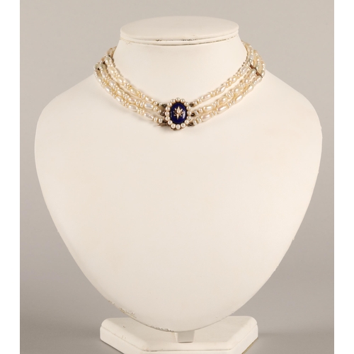 88 - Ladies three strand pearl choker necklace with a 9ct yellow gold enamel pearl set clasp, 36cm long.