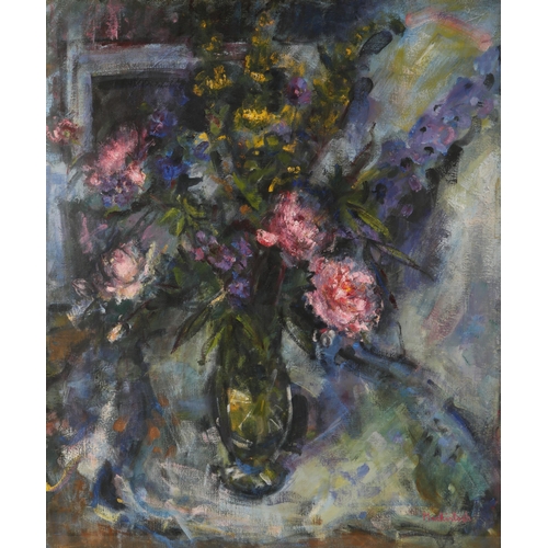 476 - Anne MacKintosh (Scottish 1944-2014)Summer FlowersFramed oil on canvassigned89cm x 74cm ARRLabel ver... 