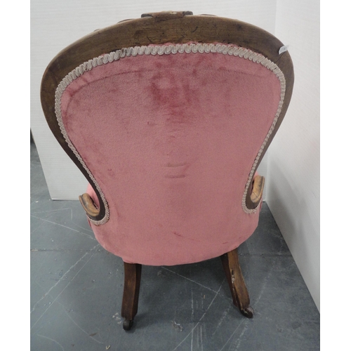 138 - Victorian mahogany-framed button-back lady's chair, upholstered in later pink Dralon, on fluted supp... 