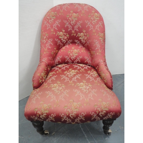 139 - Victorian mahogany nursing-type chair, upholstered in later pink floral moquette, on ceramic castors... 