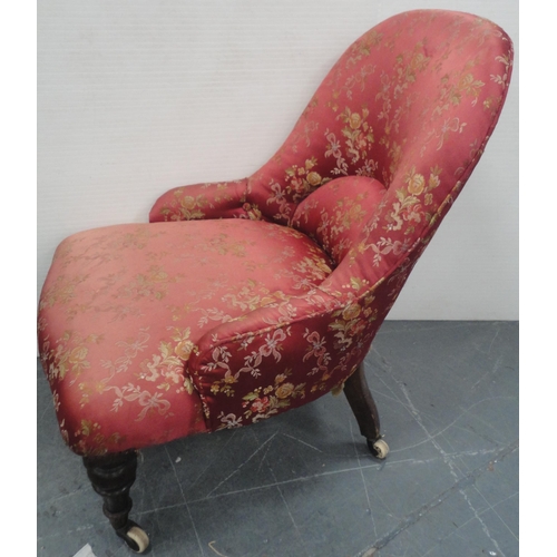 139 - Victorian mahogany nursing-type chair, upholstered in later pink floral moquette, on ceramic castors... 