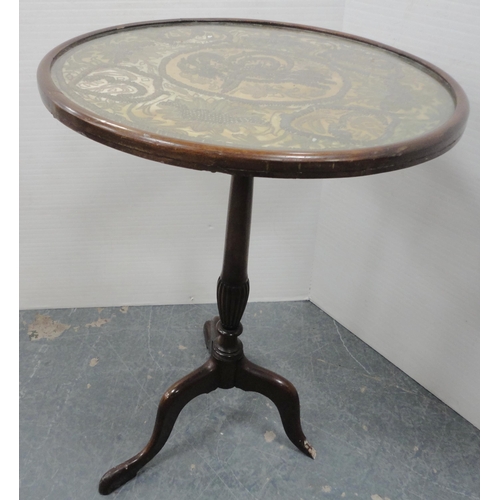 141 - Mahogany wine table with needlepoint decoration to the top, 61cm high, and a walnut drop-leaf table.... 