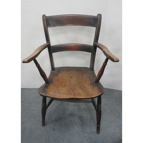 142 - Elm farmhouse ladderback elbow chair with woven detachable rush seat, c. early 20th century, 104cm h... 