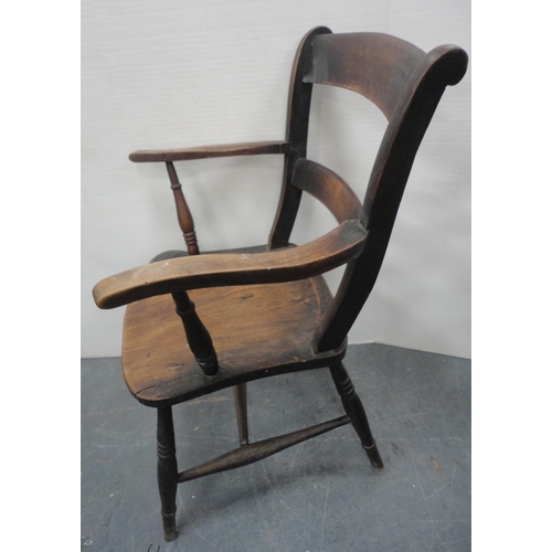 142 - Elm farmhouse ladderback elbow chair with woven detachable rush seat, c. early 20th century, 104cm h... 