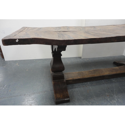 143 - 17th century-style elm and oak refectory table with thick shaped elm plank top, 78cm high, 213cm lon... 