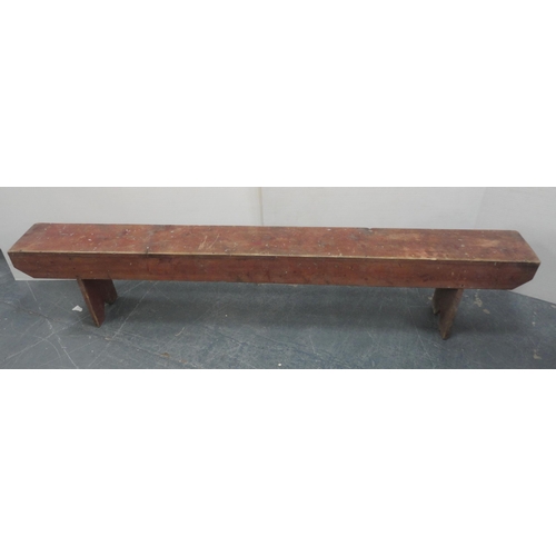 144 - Painted pine bench, 44cm high, 213cm long and 23cm deep.