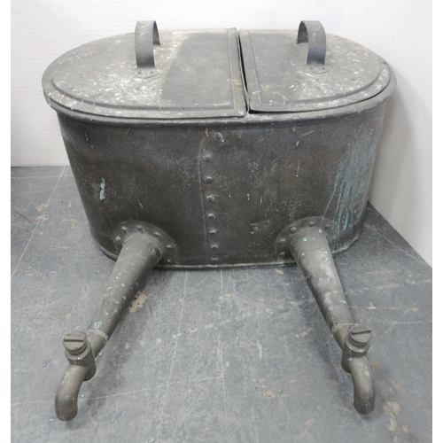 146 - Zinc galvanised storage container/still with two lidded compartments and twin taps, 39cm high and 72... 