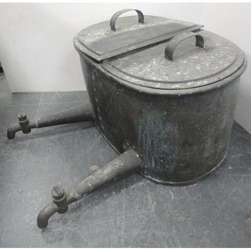 146 - Zinc galvanised storage container/still with two lidded compartments and twin taps, 39cm high and 72... 