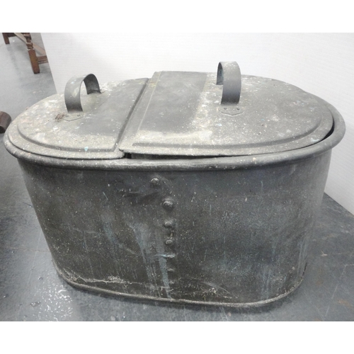 146 - Zinc galvanised storage container/still with two lidded compartments and twin taps, 39cm high and 72... 