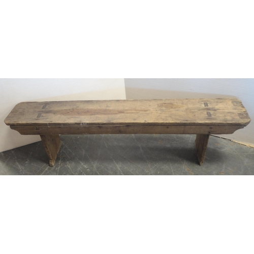 150 - Victorian pine bench with jointed rectangular top section, 37cm high, 138cm long and 23cm deep.