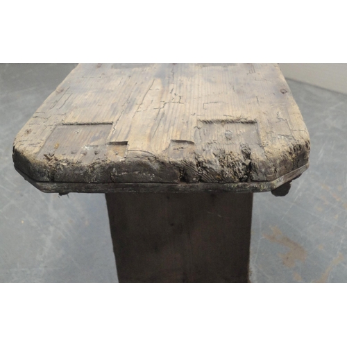 150 - Victorian pine bench with jointed rectangular top section, 37cm high, 138cm long and 23cm deep.