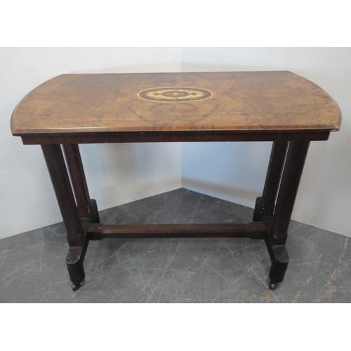 157 - Victorian walnut and marquetry-inlaid window table with shaped top, on platform base with adjoining ... 