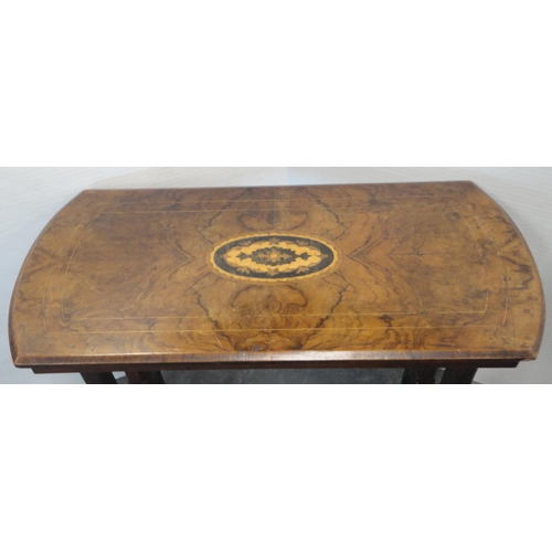 157 - Victorian walnut and marquetry-inlaid window table with shaped top, on platform base with adjoining ... 