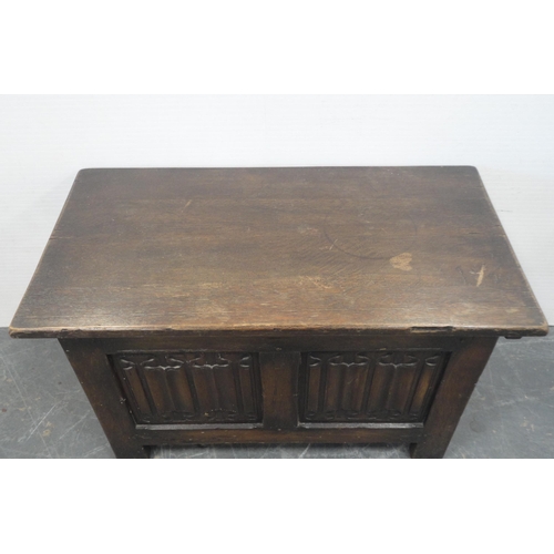 158 - Antique-style small oak coffer with hinged top and incised decoration to the front, on stile support... 