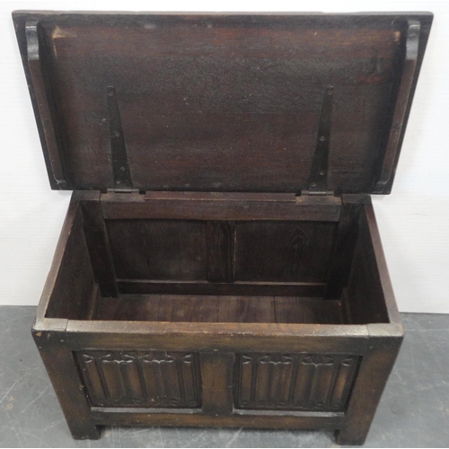 158 - Antique-style small oak coffer with hinged top and incised decoration to the front, on stile support... 