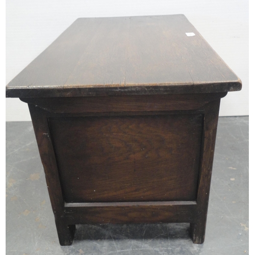 158 - Antique-style small oak coffer with hinged top and incised decoration to the front, on stile support... 