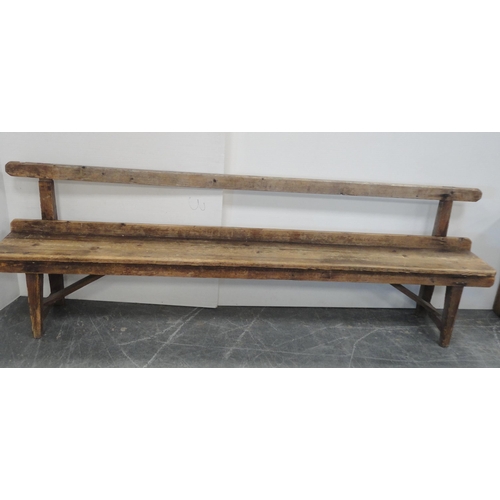 159 - Victorian pine hall bench/pew with plank-type seat, 81cm high, 244cm wide and 31cm deep.