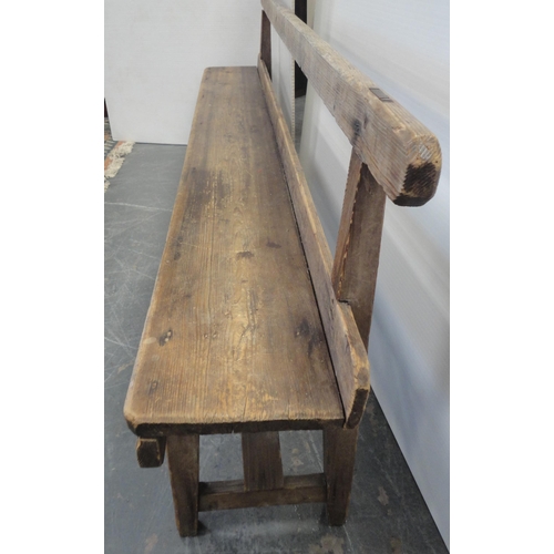 159 - Victorian pine hall bench/pew with plank-type seat, 81cm high, 244cm wide and 31cm deep.