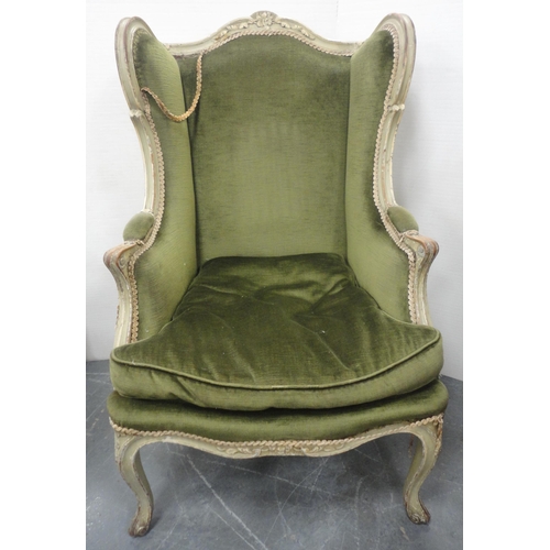 165 - George III style painted wood drawing room wing-back armchair, upholstered in later green velour, 11... 