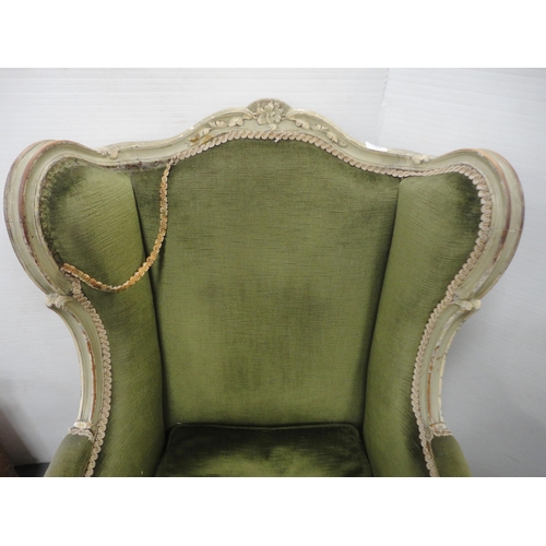 165 - George III style painted wood drawing room wing-back armchair, upholstered in later green velour, 11... 