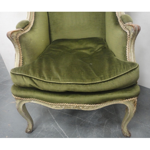 165 - George III style painted wood drawing room wing-back armchair, upholstered in later green velour, 11... 