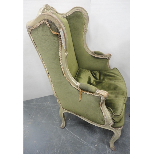 165 - George III style painted wood drawing room wing-back armchair, upholstered in later green velour, 11... 