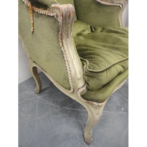 165 - George III style painted wood drawing room wing-back armchair, upholstered in later green velour, 11... 